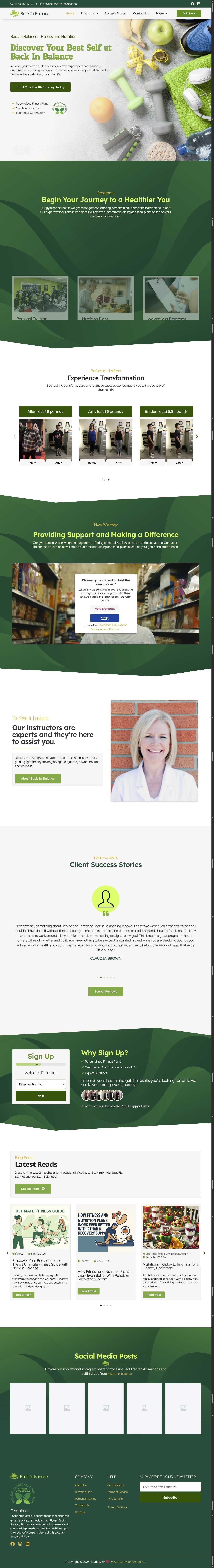 Scrollable full-page preview of the Back in Balance fitness and nutrition website