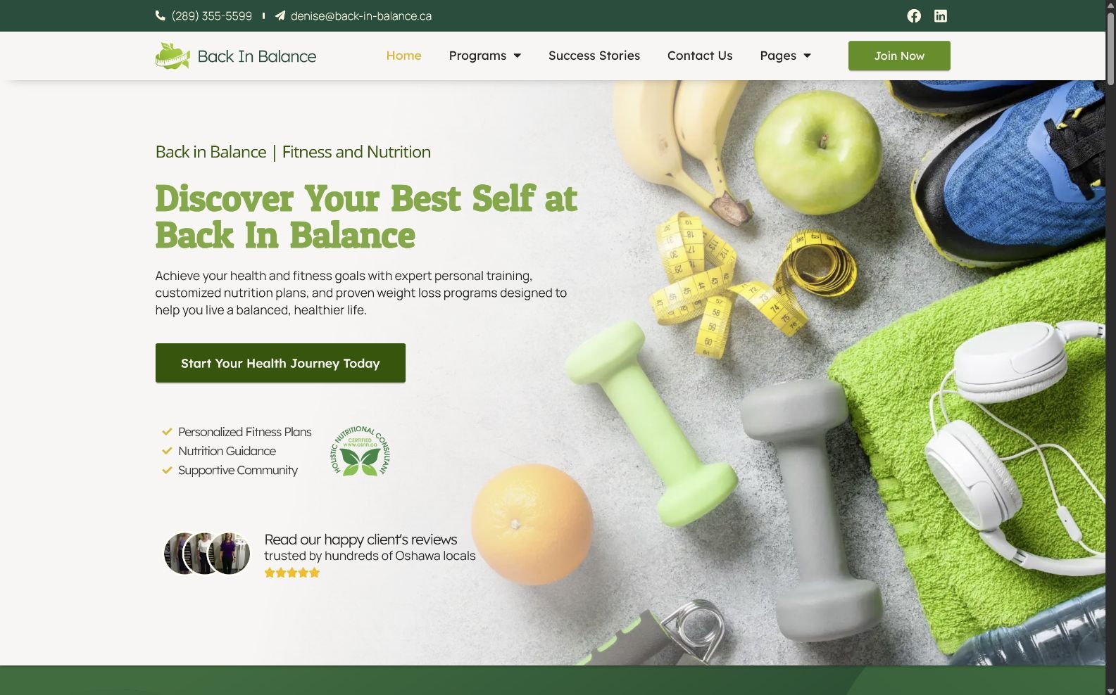 Back in Balance fitness and nutrition website homepage designed by Web Canvas Canada
