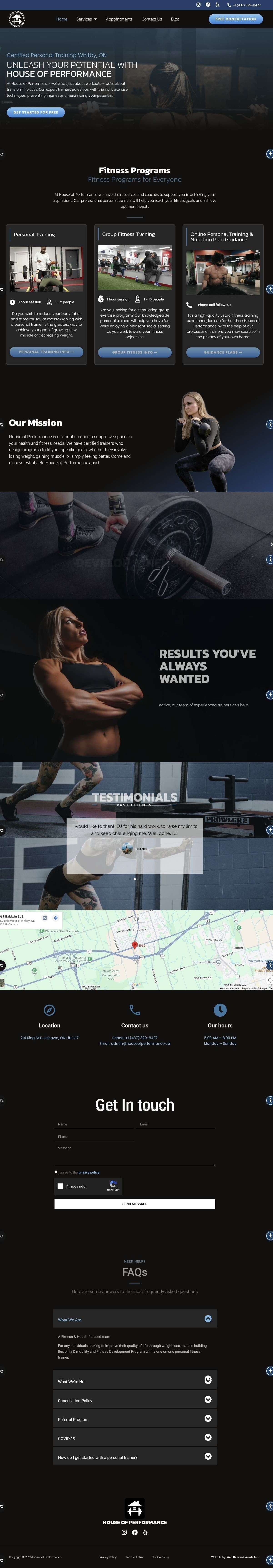 Scrollable full-page preview of the House of Performance personal training website